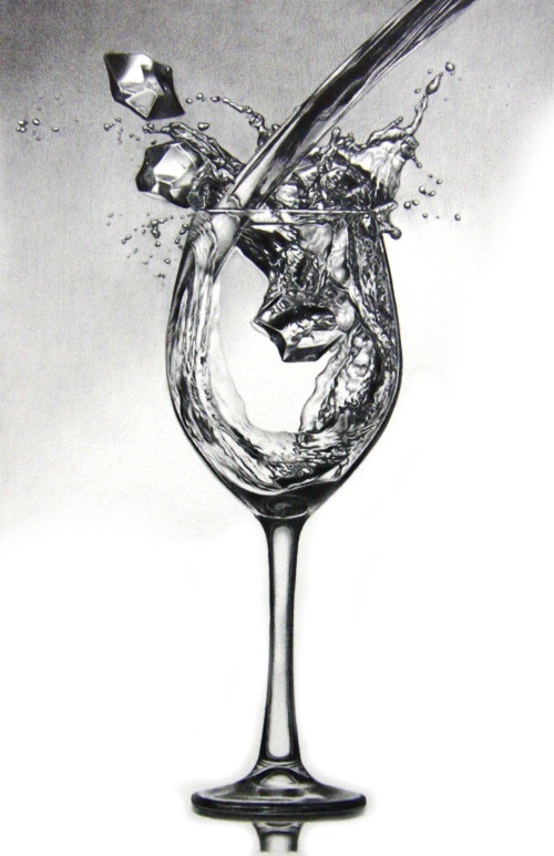 細密鉛筆画、ワイングラスと水